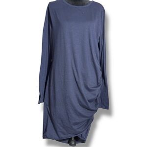 Unbranded Chic Long Sleeve Navy Side Rouching Crewneck Bodycon Midi Dress